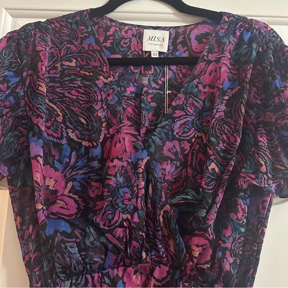 NWT MISA Colette Midi Flutter Sleeve Dress Floral  Ruched Size XS Flora Electric - Picture 6 of 11